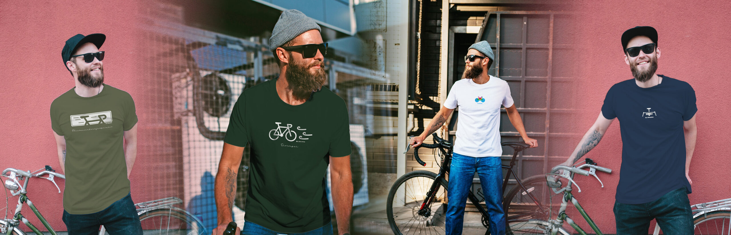 De Soigneur header met een hipstermodel met diverse verkrijgbare shirts met fietsprints.